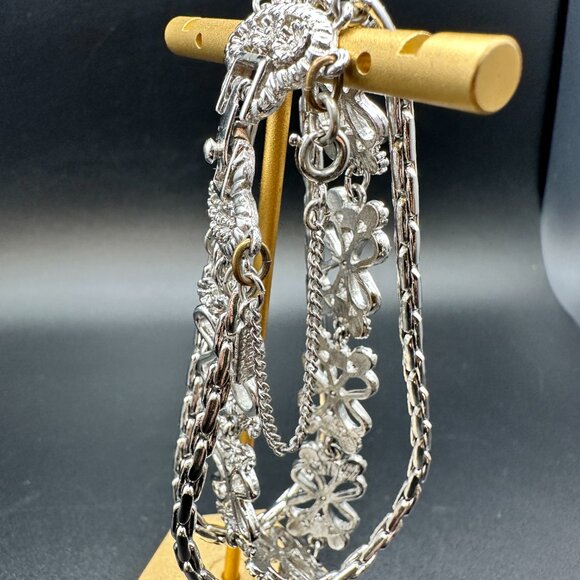 Vintage Monet Silver Tone Multi Strand Flower Bracelet Safety Chain Signed - Picture 6 of 15